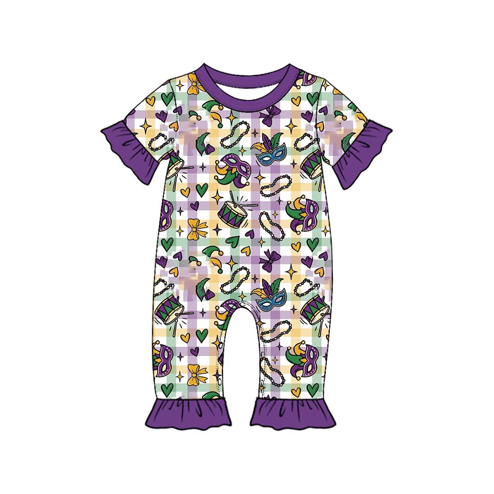 Moq 5 Preorder Baby Girls Kids Short Sleeves Masks Plaid Mardi Gras Romper Clothes