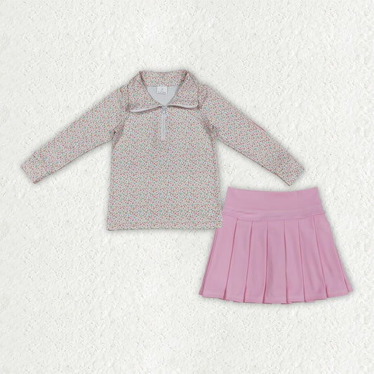 Baby Girls Kids Long Sleeves Floral Zipper Shirt Pink Skirt Shorts Set Clothes