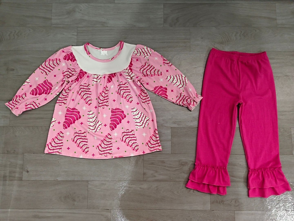 No moq Preorder Baby Girl Long Sleeves Cake Trees Tunic Pink Ruffle Pants Christmas Set