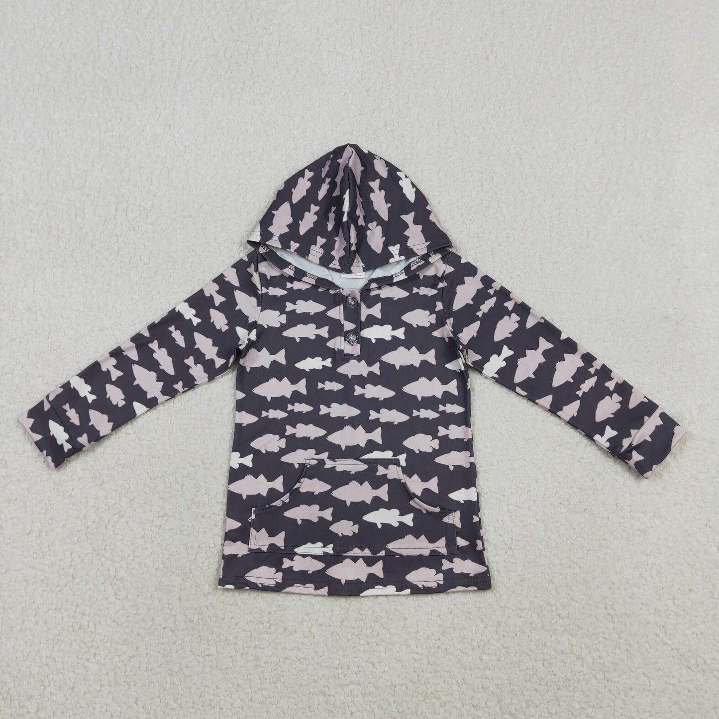 RTS Baby Boys Kids Long Sleeves Fish Buttons Pocket Hoodie Shirt