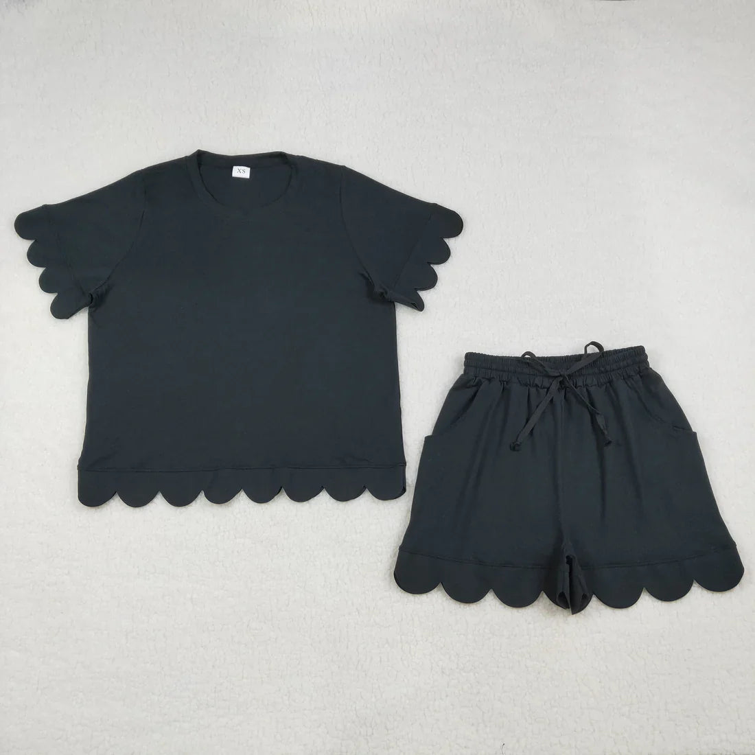 RTS Sibling Baby Girls Adult Women Short Sleeves Black Cotton Shirts Shorts Scallop Sets Summer Clothes