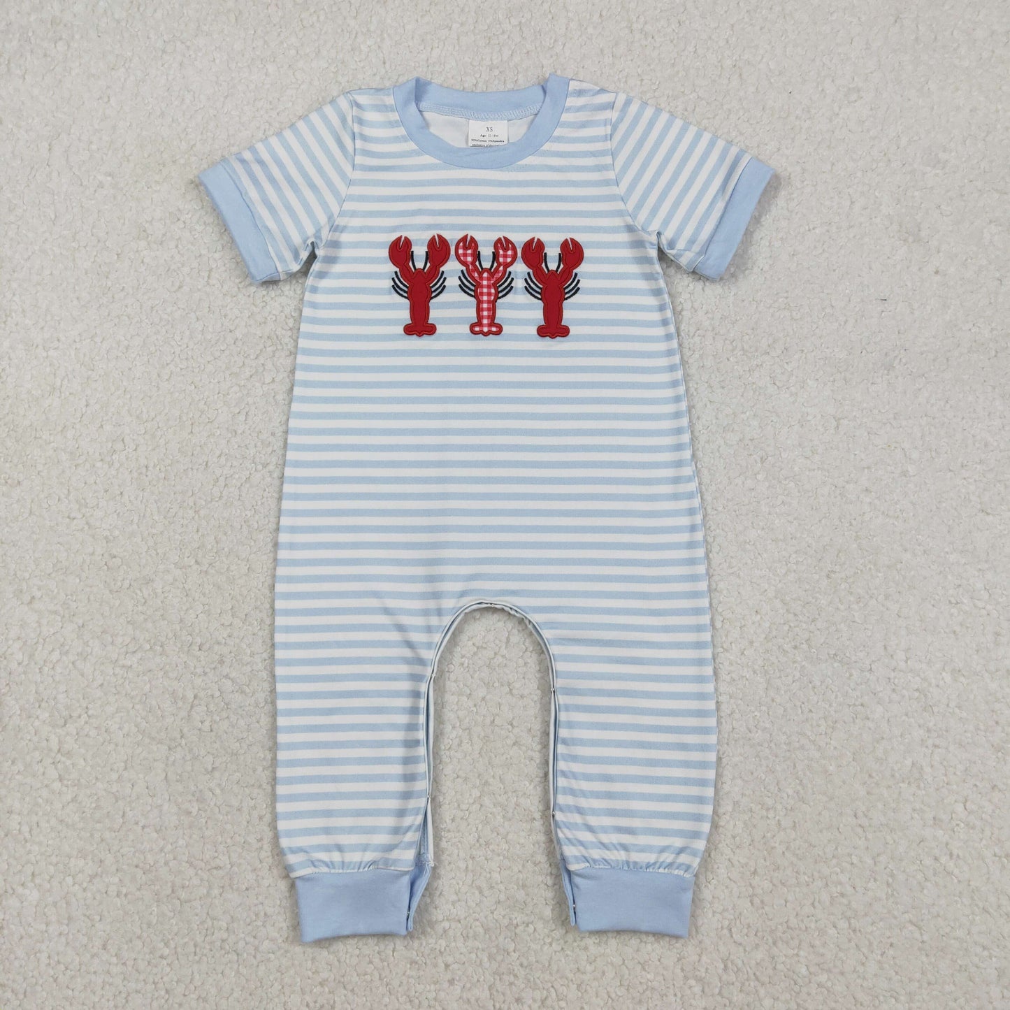 Sibling Baby Boys Kids Short Sleeves Embroidery Crawfish Blue Stripes Romper Set