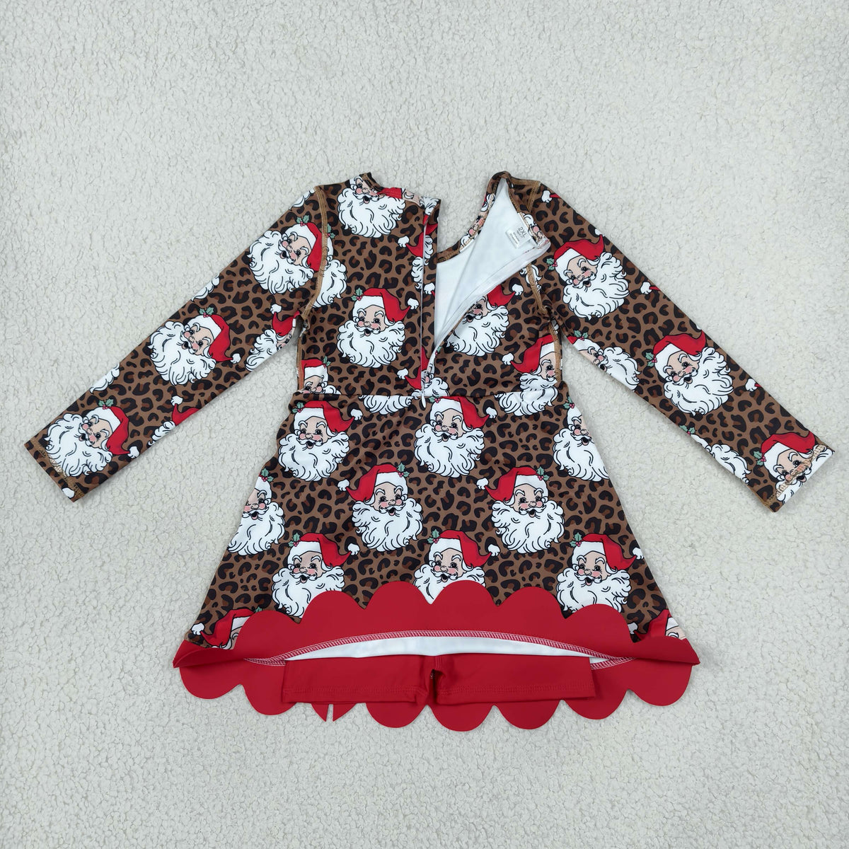 Baby Girls Kids Long Sleeves Christmas Santa Leopard Bows Scallop Dress Yoga Active Clothes