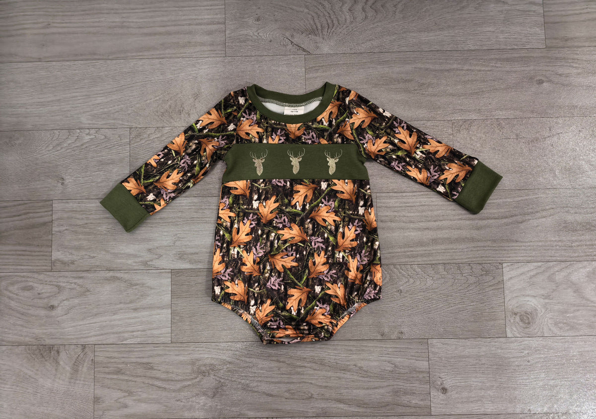 No moq Preorder Boys Infant Long Sleeves Embroidery Deer Camo Bubble Romper