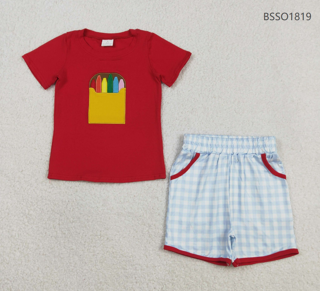 RTS Baby Girls Short Sleeves Embroidery Pencil Plaid Tops Red Shorts Back to School Set