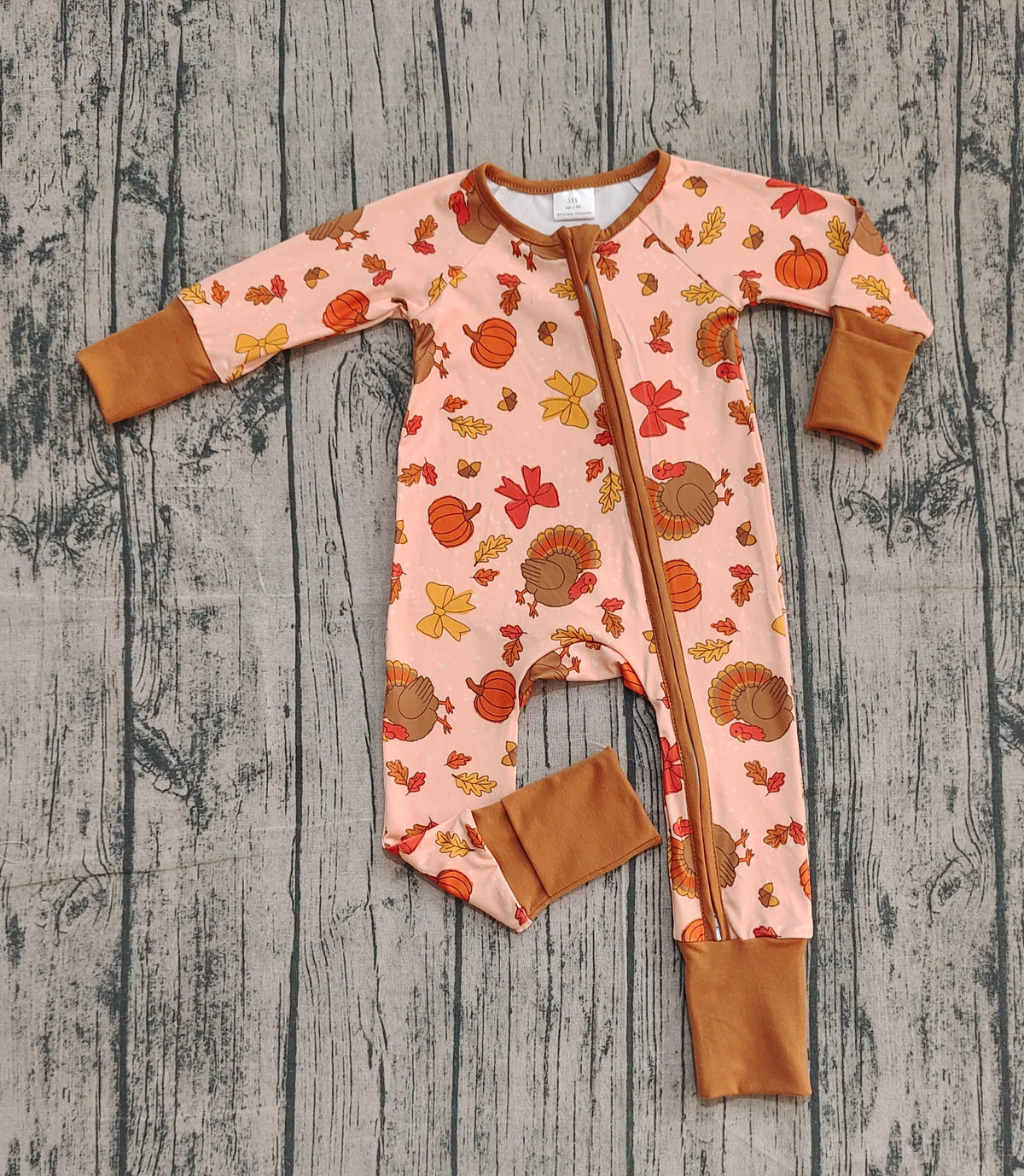 Girls Kids turkey Pumpkin Bows Fall Thanksgiving Zipper Sleeper Romper