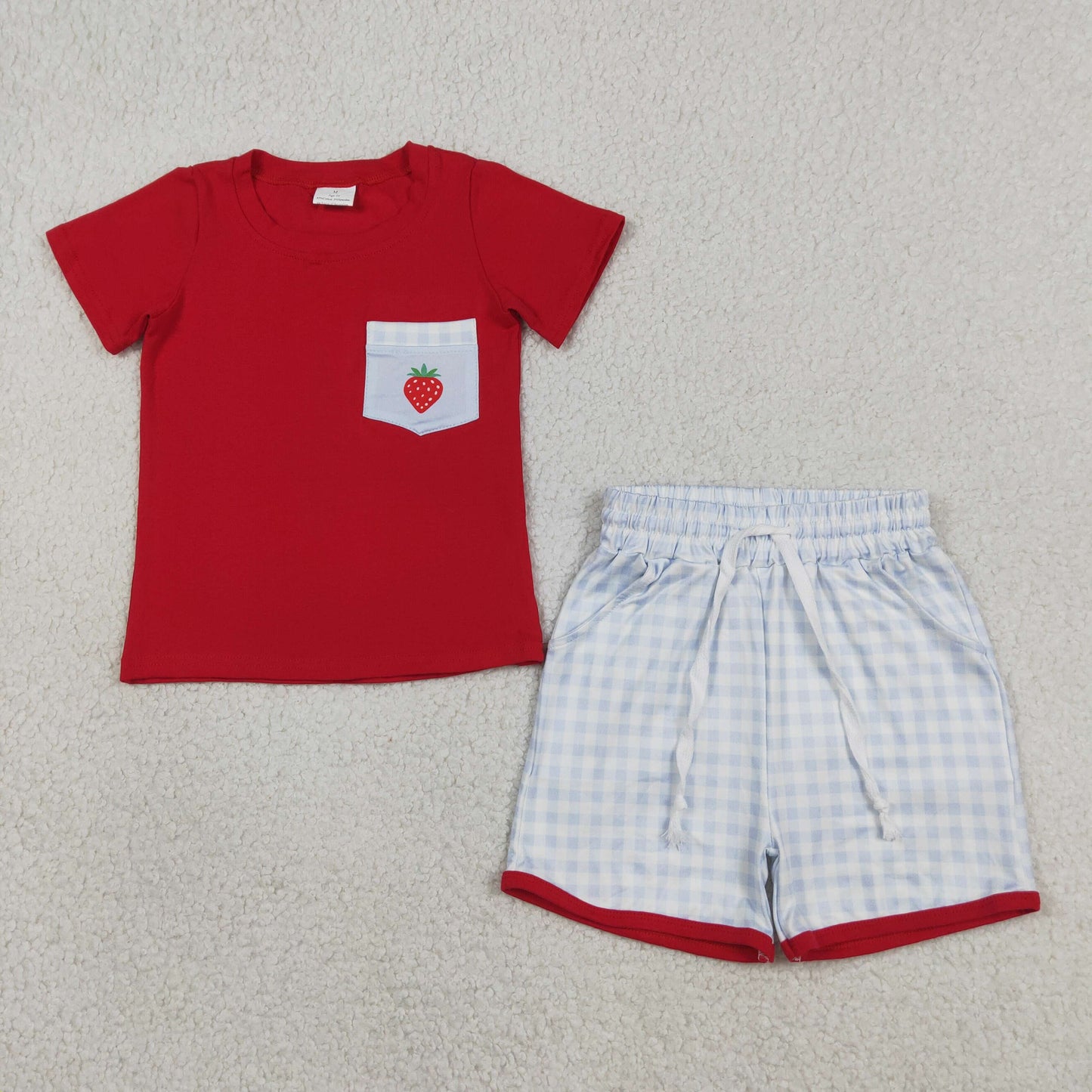 Baby Boys Short Sleeves Strawberry Red Shirt Plaid Pockets Shorts Clothes Set