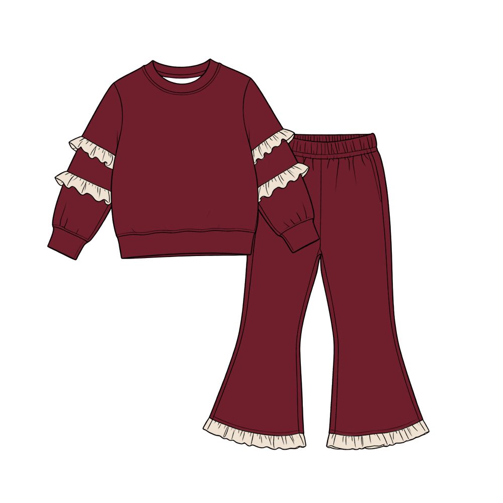 Moq 5 Preorder Baby Girls Kids Pink Ruffle Shirt Bell Pants Dark Red Set Cotton Clothes