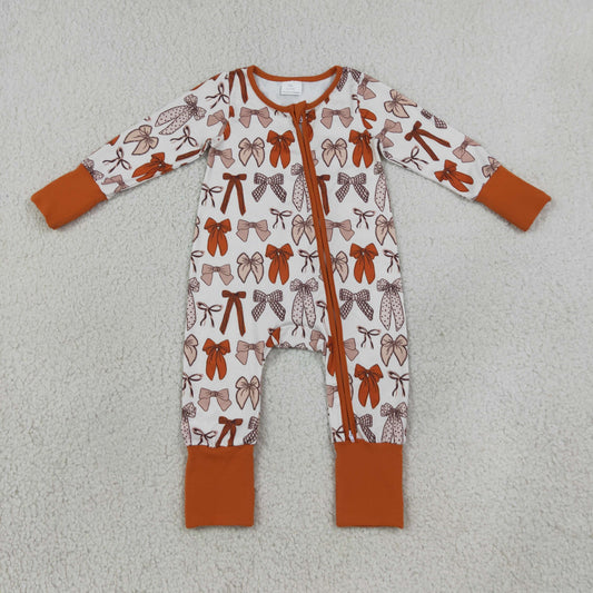 Baby Girls Kids Long Sleeves Bows Zipper Sleeper Footie Romper Brown Clothes