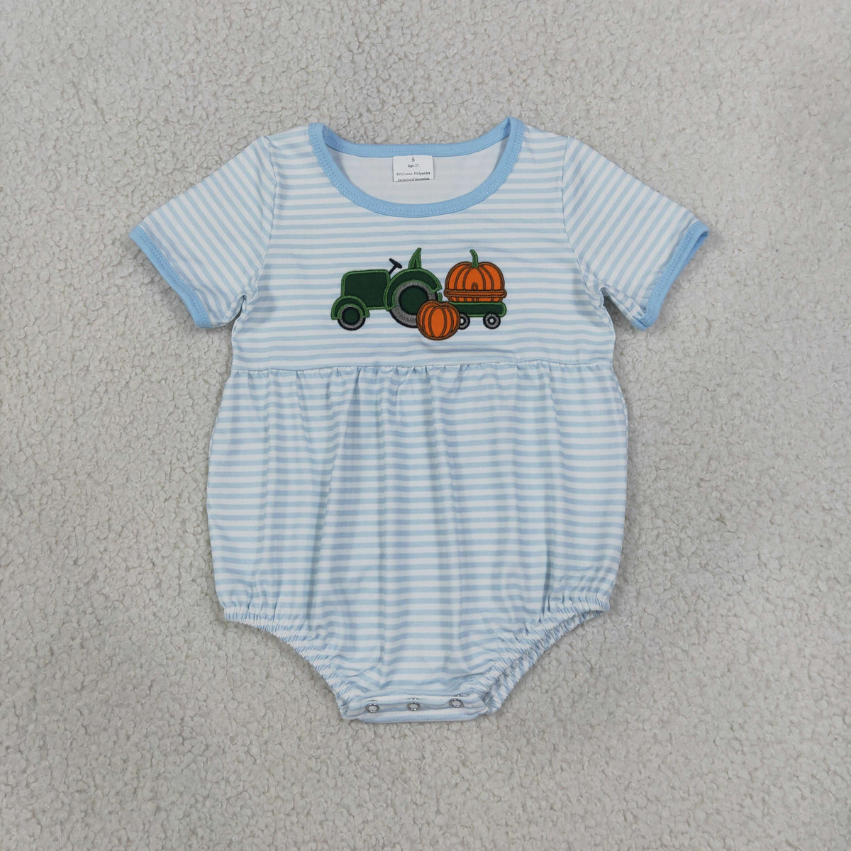 Baby Boys Kids Embroidery Pumpkin Tractor Blue Stripes Fall Romper Clothes
