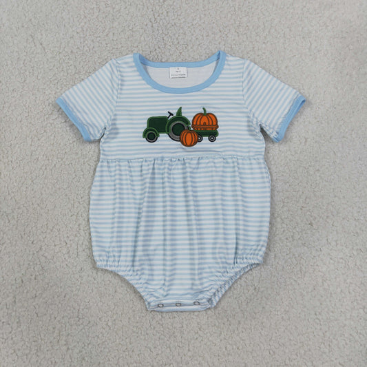 Baby Boys Kids Embroidery Pumpkin Tractor Blue Stripes Fall Romper Clothes