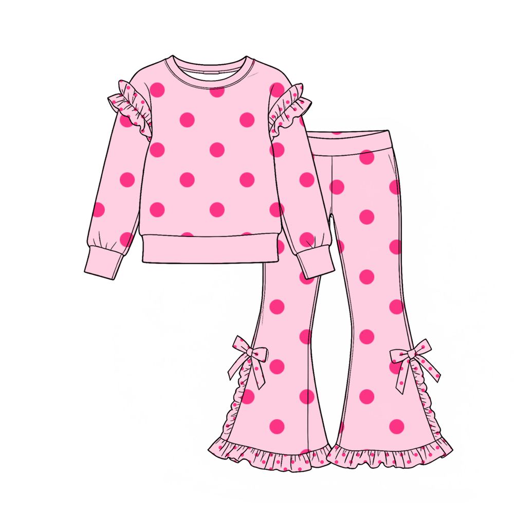 Moq 5 Preorder Baby Girls Kids Long Sleeves Dots Shirt Bows Ruffle Pants Pink Set Clothes