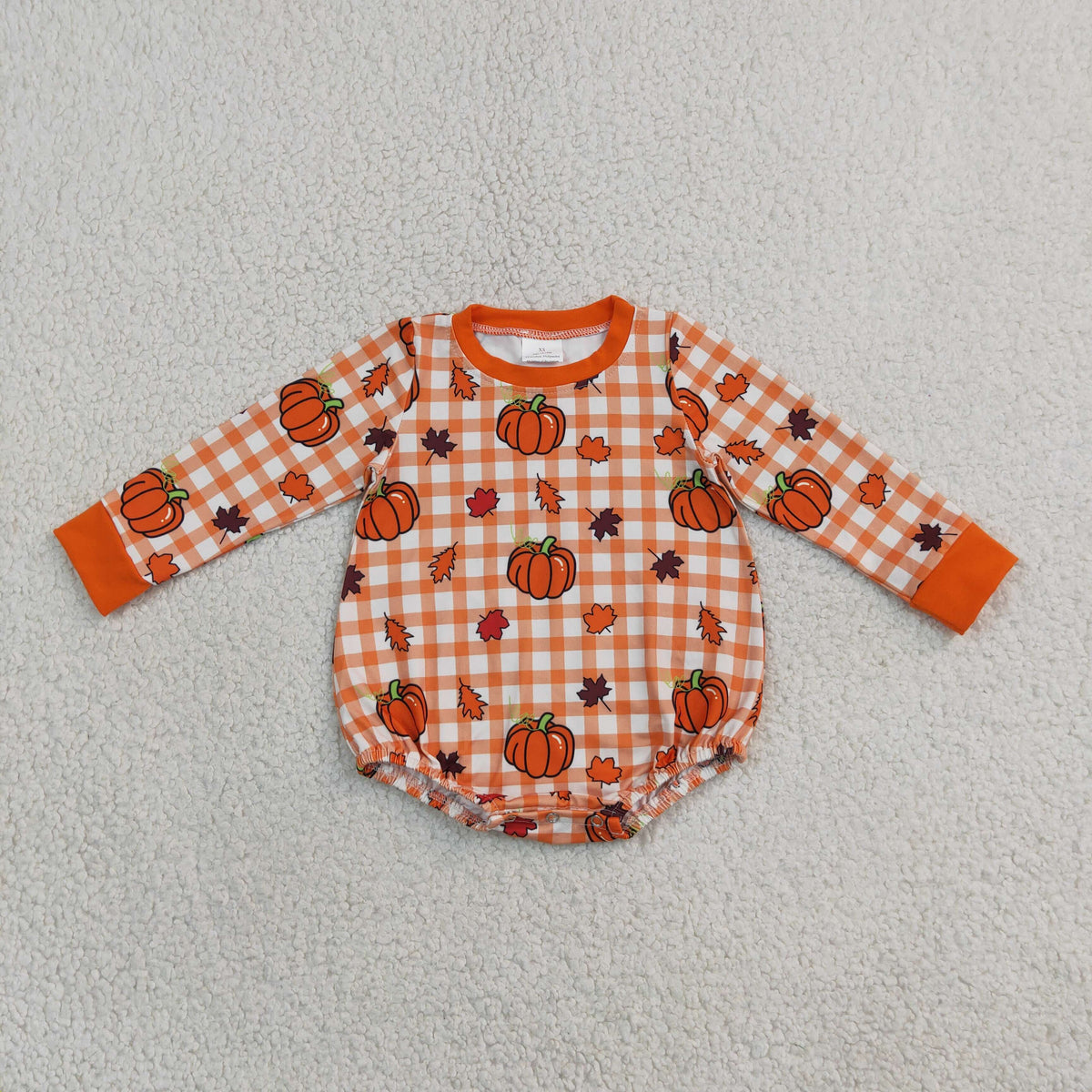 Baby Boys Infant Long Sleeves Pumpkins Orange Plaid Fall Bubble Romper Clothes