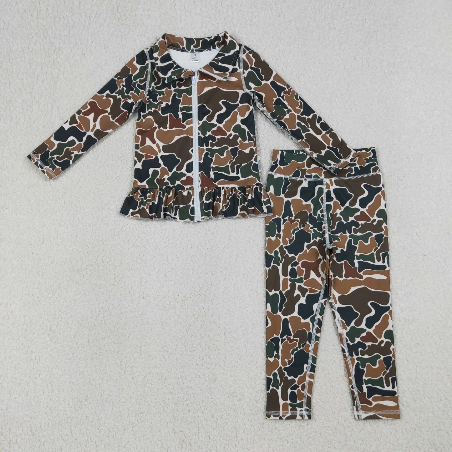 RTS Baby Girls Kids Brown Camo Zipper Ruffle Cardigan Leggings Pants Yoga Active Outfit