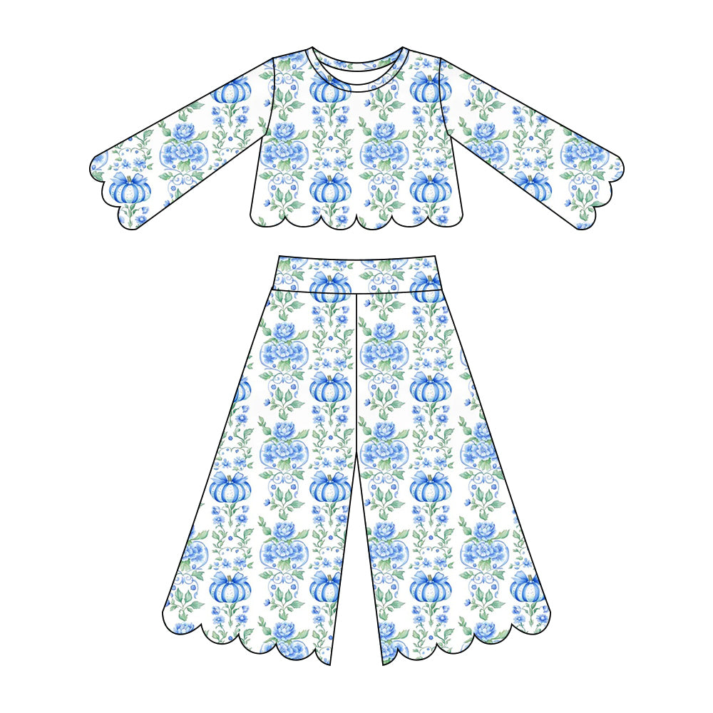 Preorder ( Moq 5 ) Baby Girls Kids Blue Pumpkins Bows Flower Shirt Scallop Pants Set Fall Clothes