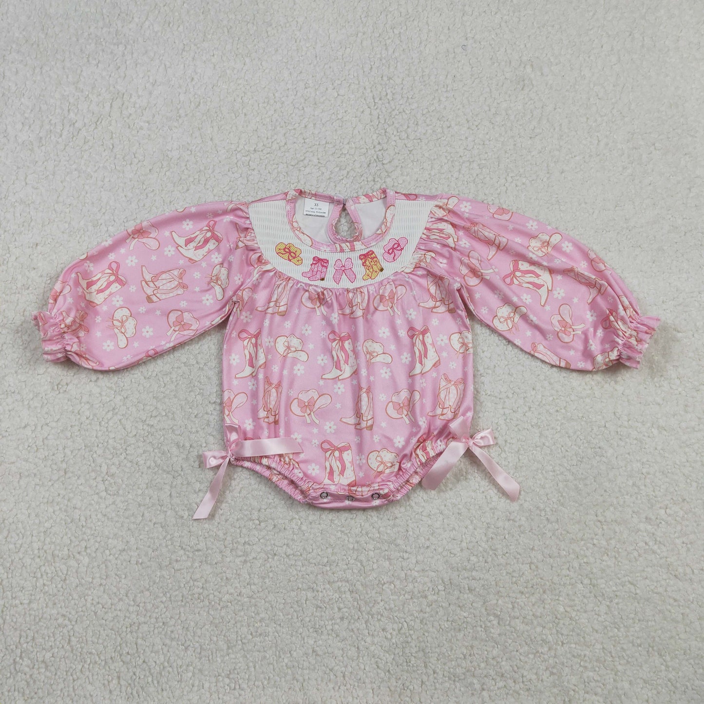 Baby Girls Long Sleeves Embroidery Smocked Boots Bows Flower Western Pink Romper