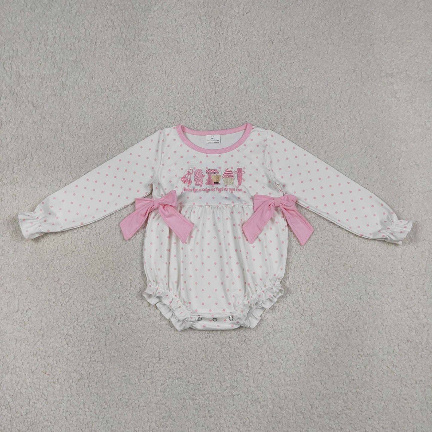 Baby Girls Infant Long Sleeves Embroidery Pink Bows Dots Bubble Romper