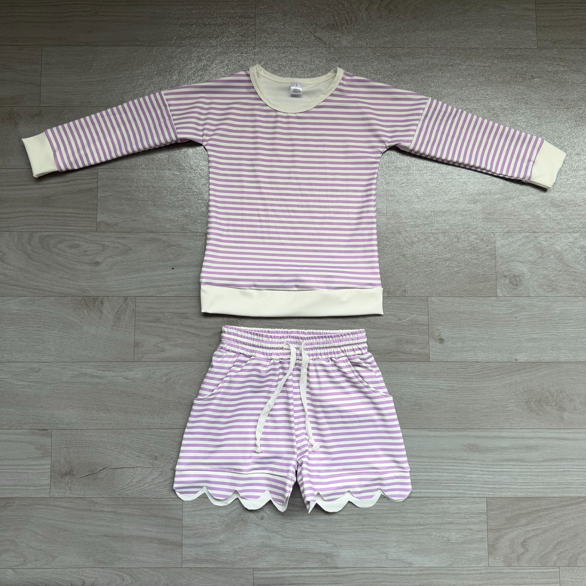 No moq Preorder Baby Girls Kids Long Sleeves Purple Stripes Shirt Scallop Shorts Set Yoga Active Clothes