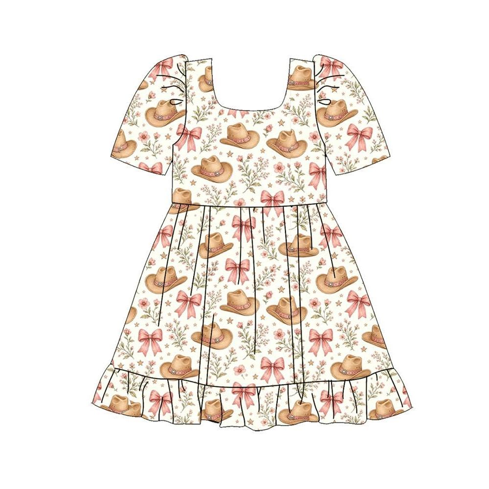 Moq 5 Preorder Baby Girls Kids Short Sleeves Hats Bows Flower Knee Length Ruffle Dress Clothes