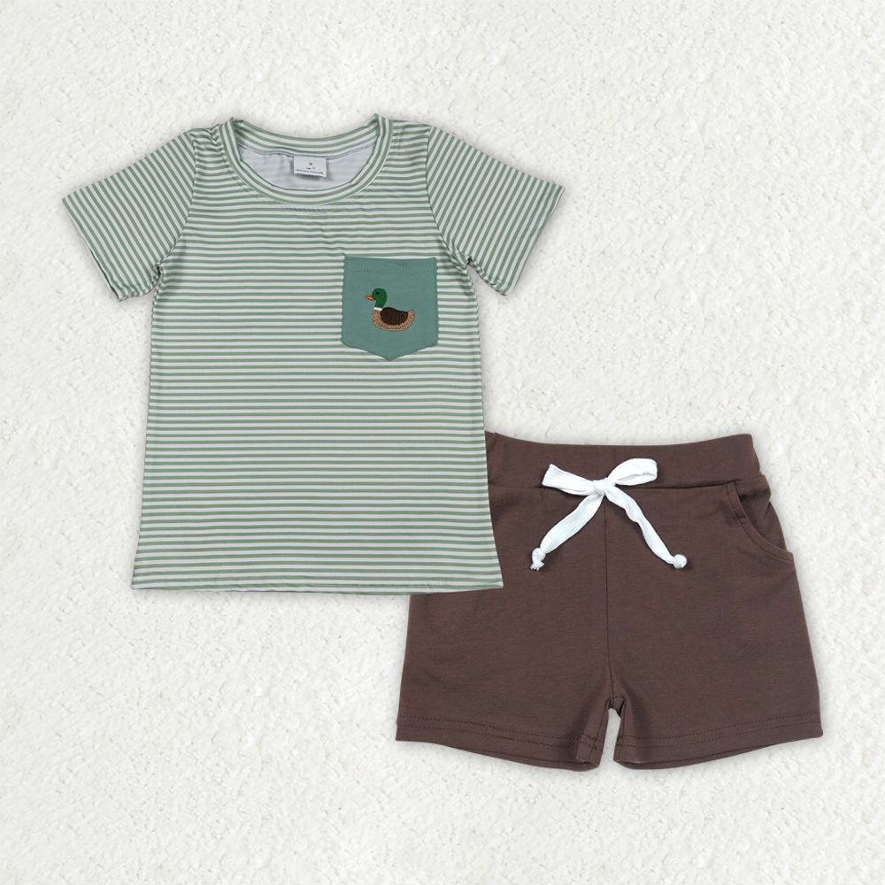 Baby Boys Kids Short Sleeves Embroidery Duck Green Stripes Shirt Pockets Shorts Clothes Set