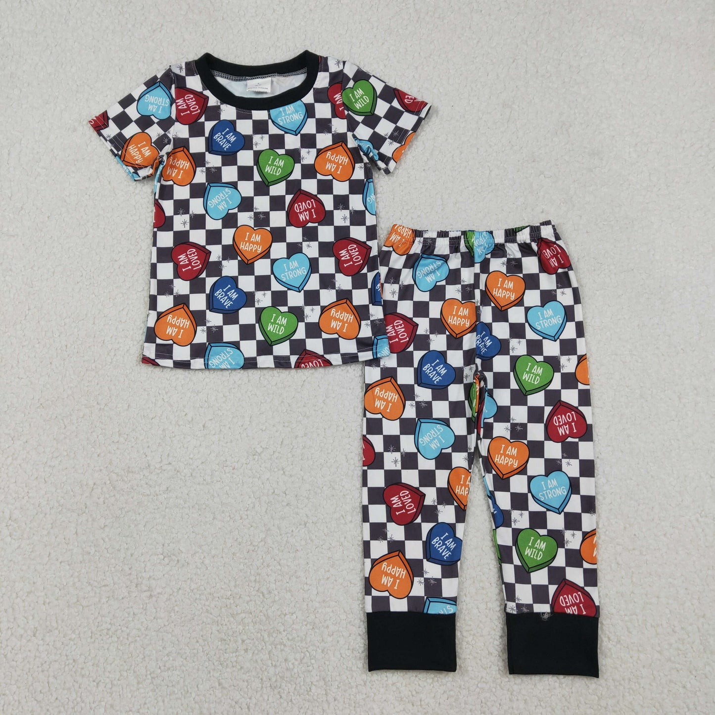 Baby Boy Valentines Hearts Shirt Checkered Pants Pajamas Clothes Set
