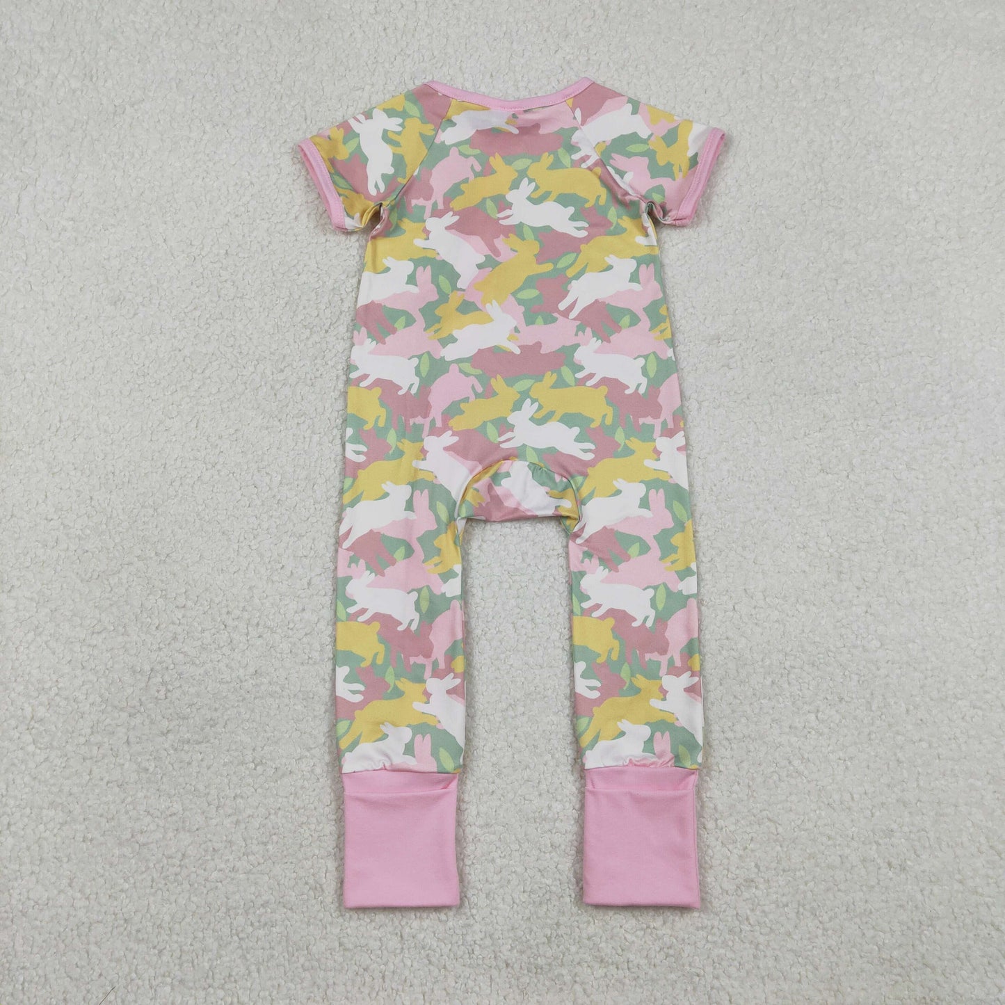 Baby Girls Short Sleeves Rabbits Camo Zipper Footie Easter Romper