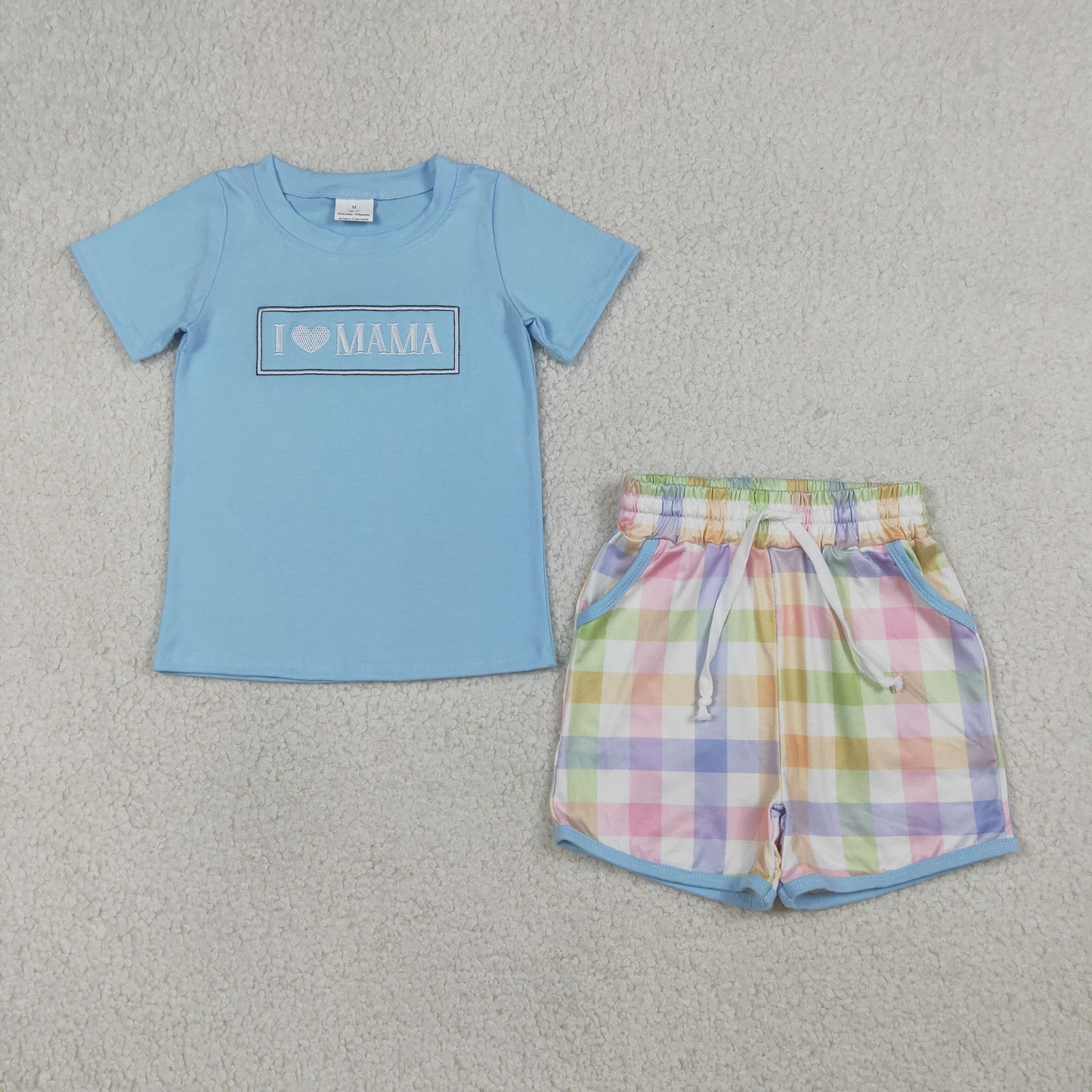 RTS Baby Girls Kids Short Sleeves Embroidery I Love Mama Bows Plaid Knee Length Dress