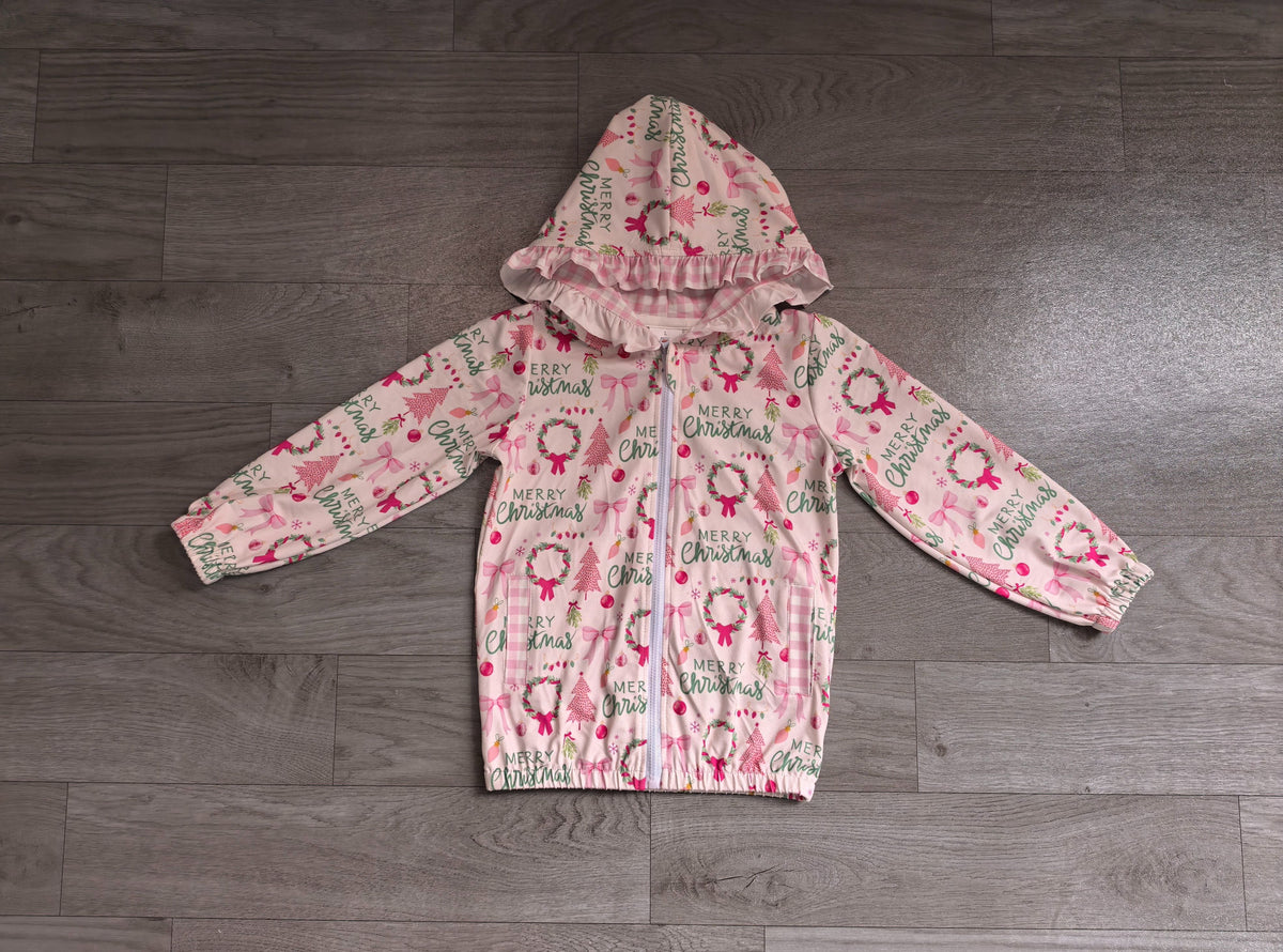 No moq Preorder Baby Girl Kids Christmas Tree Bows Pockets Zipper Hoodie Jacket Coat Pink Tops