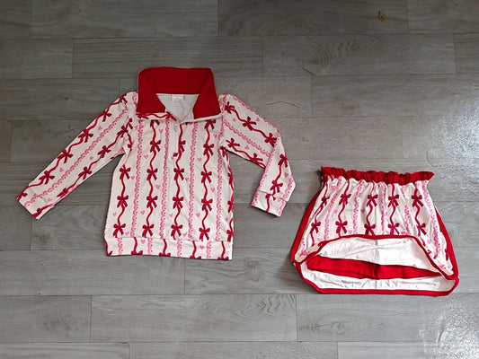 No moq Preorder Baby Girls Kids Long Sleeves Hearts Bows Shirt Skirt Shorts Valentine Set Clothes