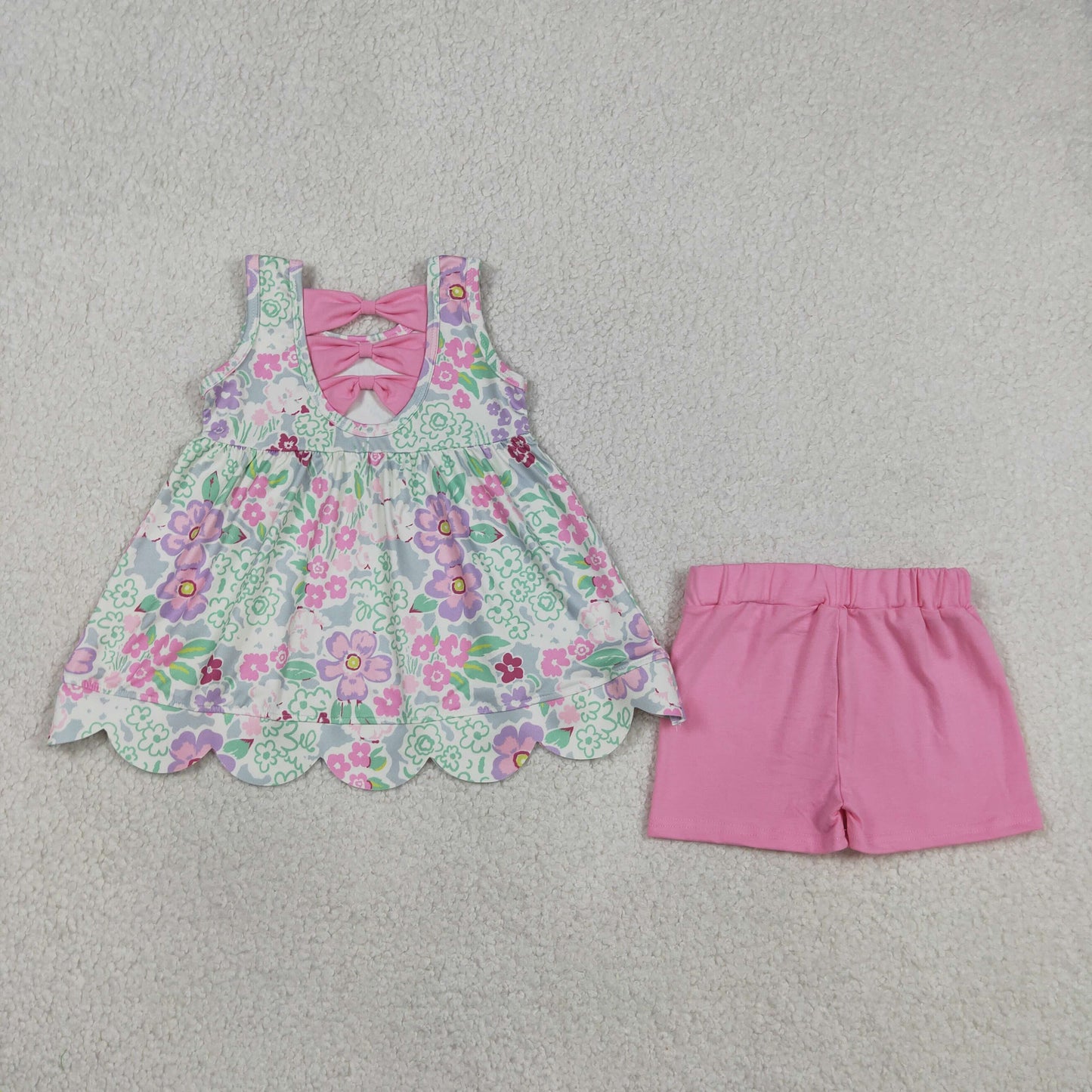 Baby Girls Kids Sleeveless Flower Bows Tops Pink Shorts Summer Set