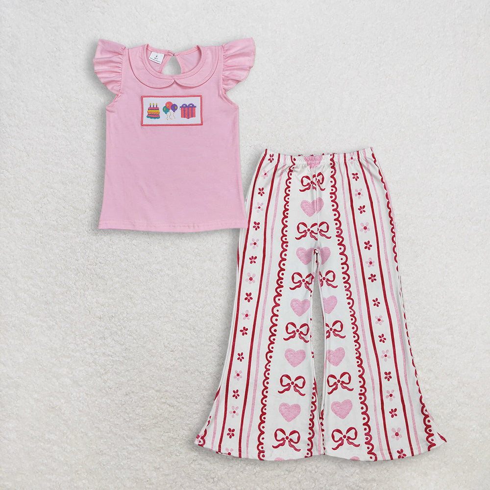 RTS Baby Girl Kids Short Sleeves Embroidery Shirt Hearts Bows Flower Pants Birthday Set Clothes