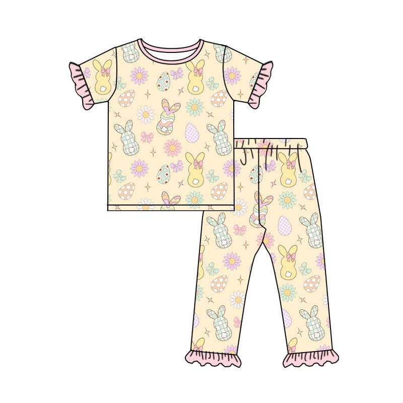 Moq 5 Preorder Baby Girls Kids Rabbits Eggs Bows Shirt Pants Pajamas Easter Set Clothes