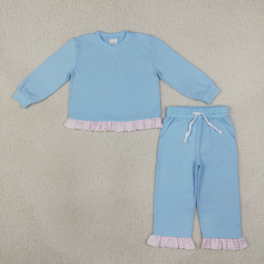 Sibling Baby Girls Kids Long Sleeves Ruffle Shirts Pockets Pants Sets Cotton Clothes