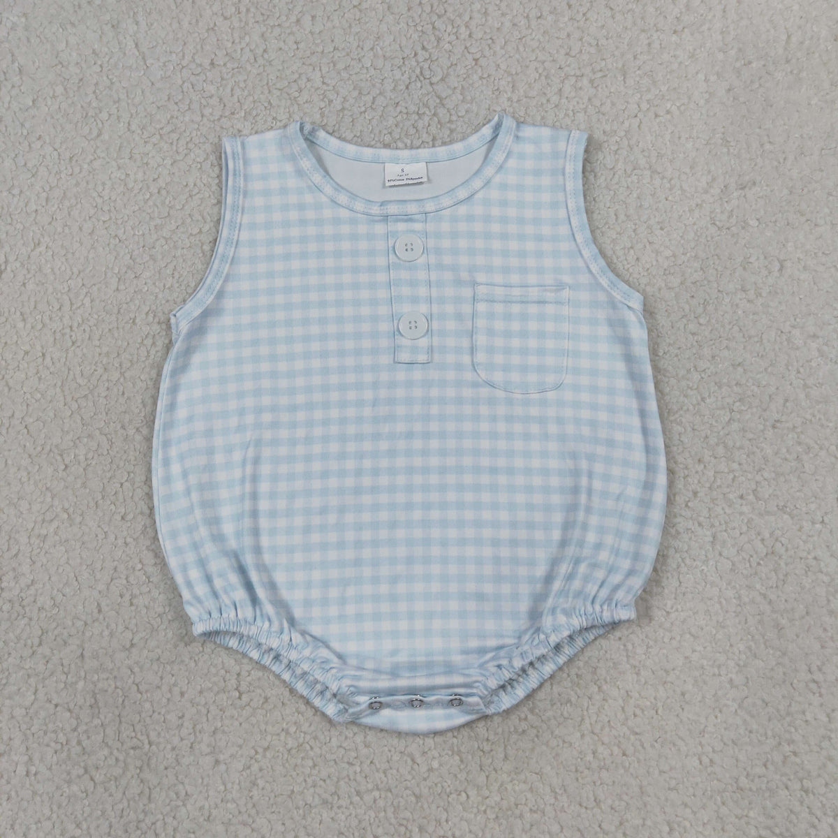 Baby Boy Infant Sleeveless Light Blue Plaid Pocket Summer Bubble Romper