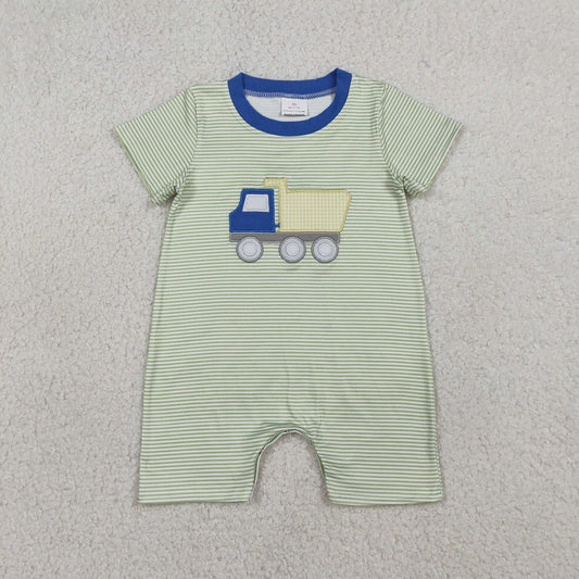 RTS Sibling Baby Boys Kids Short Sleeves Embroidery Truck Stripes Shirt Blue Shorts Set Romper