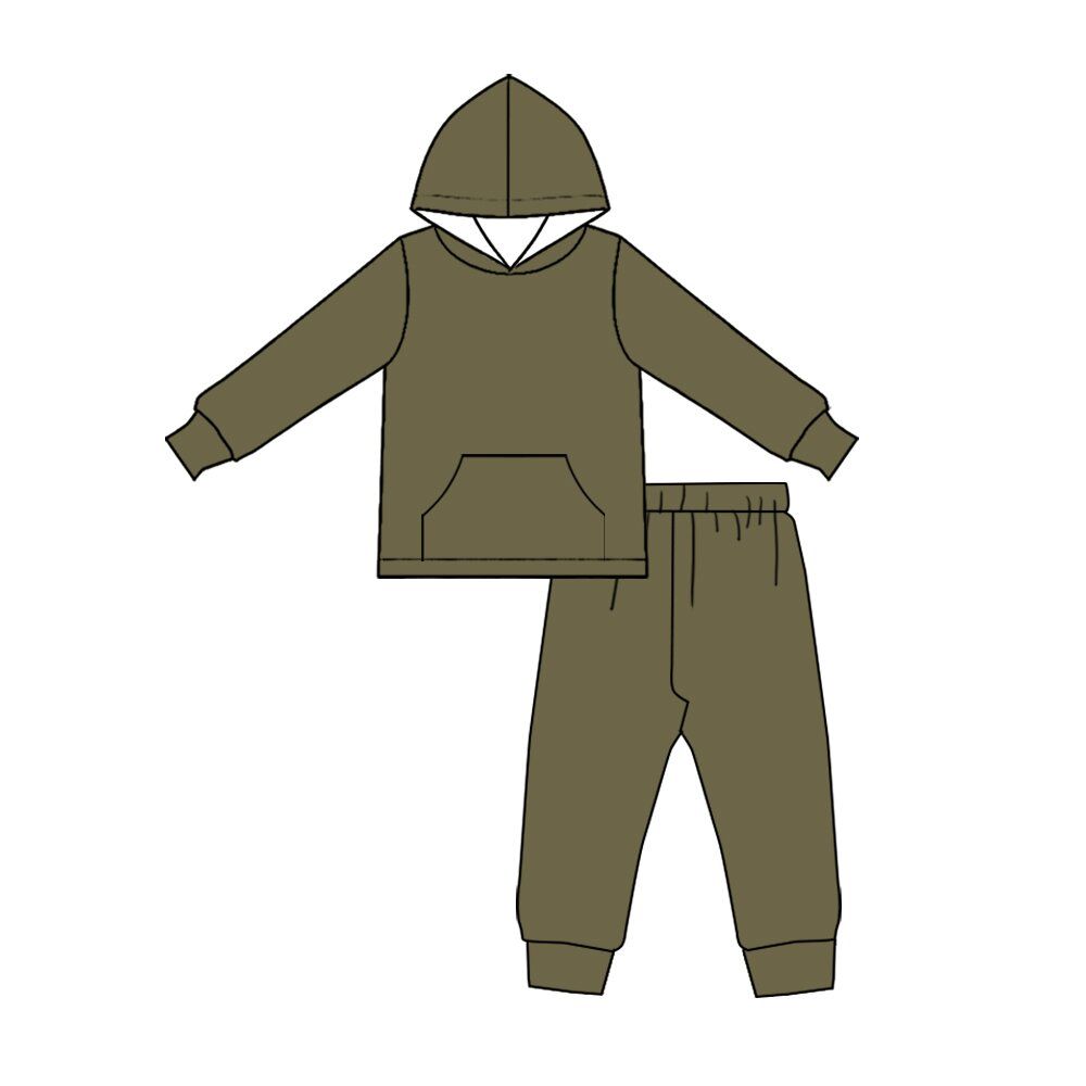 Moq 5 Preorder Baby Boys Kids Long Sleeves Hoodie Pocket Pullover Pants Set Olive Clothes