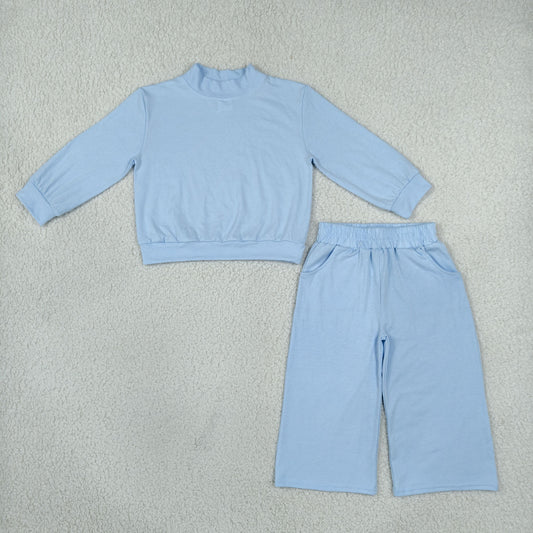 Baby Girl Kids Long Sleeves Blue Shirt Pockets Pants Mock Neck Set Pajamas Cotton Clothes