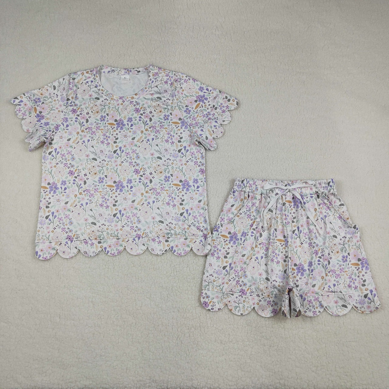 Sibling Baby Girls Adult Women Short Sleeves Purple Flower Shirts Shorts Scallop Sets Summer Clothes