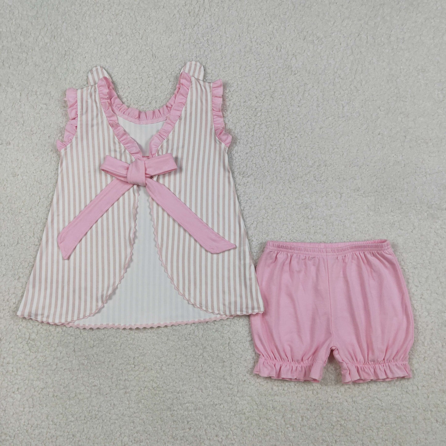 RTS Baby Girls KIds Embroidery Rabbits Bows Stripes Tops Pink Shorts Easter Set