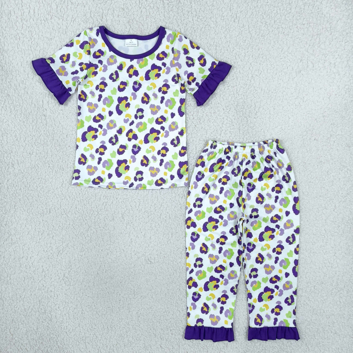 Baby Girls Kids Short Sleeves Leopard Mardi Gras Shirt Pants Pajamas Set Clothes RTS