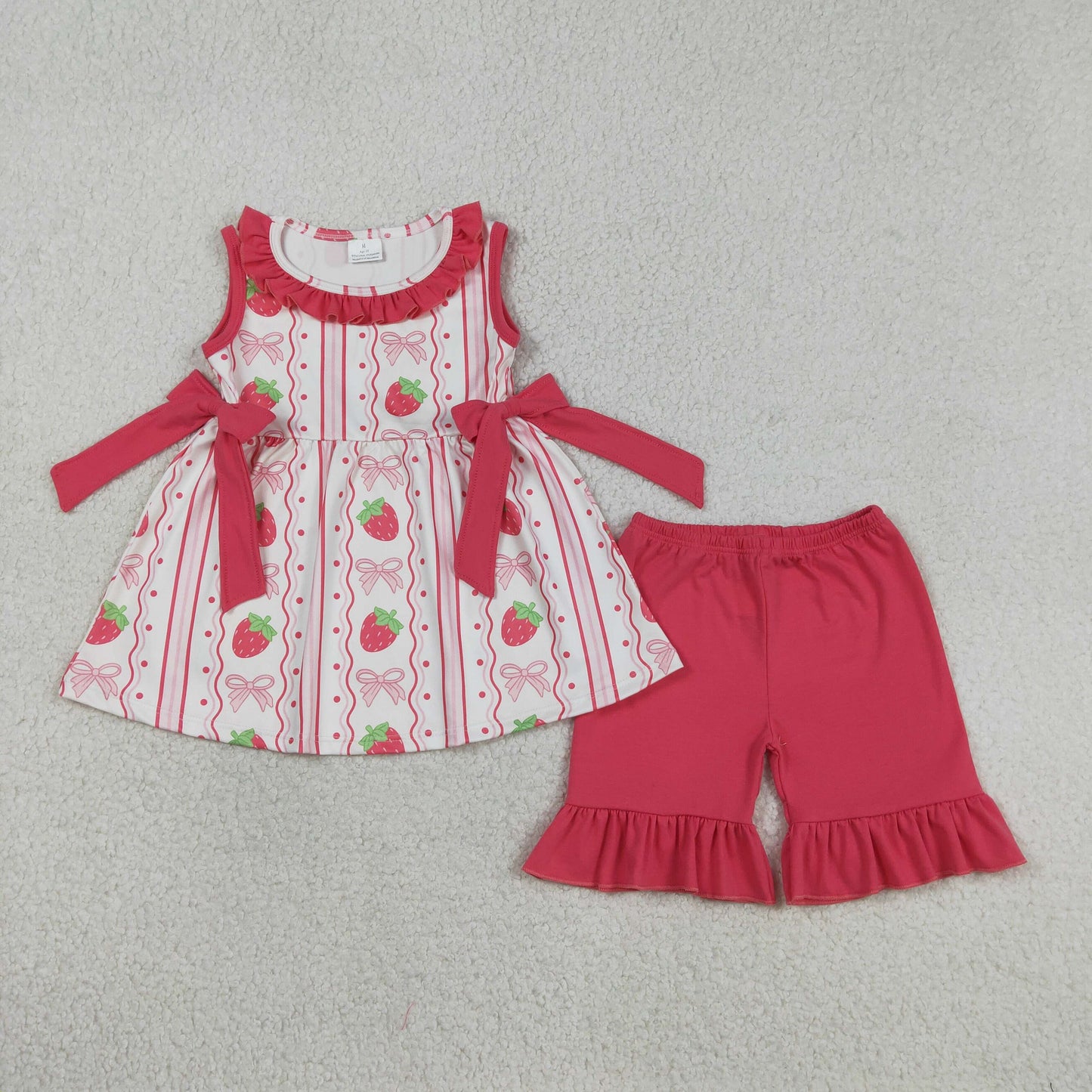 RTS Baby Girls Kids Sleeveless Strawberry Bows Tunic Pink Shorts Summer Set