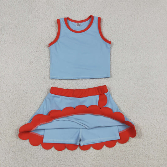 Baby Girls Kids Shirt Scallop Skirt Shorts Yoga Active Blue Red Set Clothes