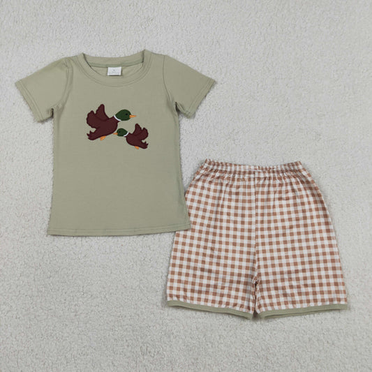 Baby Boys Kids Short Sleeves Embroidery Ducks Shirt Plaid Shorts Clothes Set