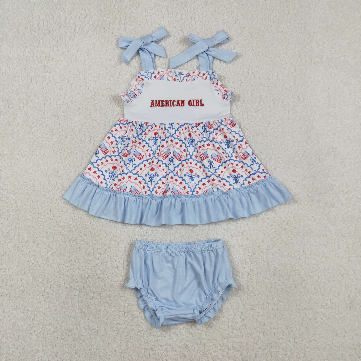 RTS Baby Kids Straps Embroidery American Girl Flags Bows 4th of July Blue Ruffle Dress