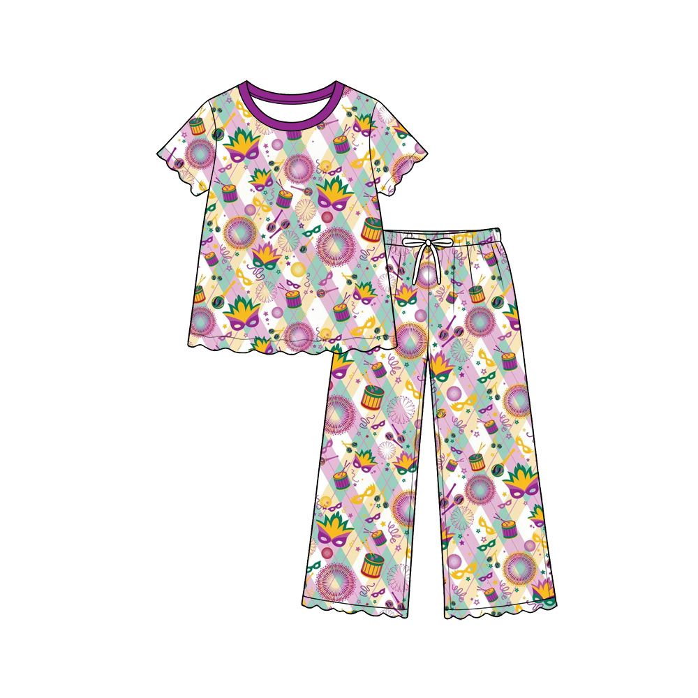 Moq 5 Preorder Baby Girls Kids Short Sleeves Masks Plaid Shirt Scallop Pants Mardi Gras Set Clothes