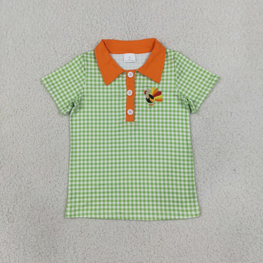 Baby Boys Embroidery turkey Green Plaid Buttons Shirt Kids Thanksgiving Clothes