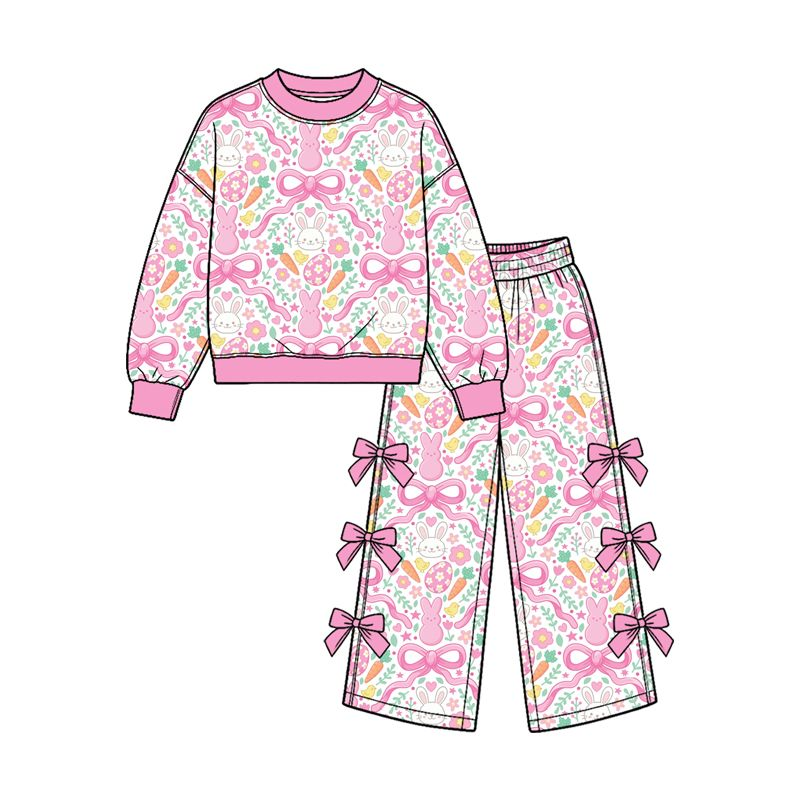 Moq 5 Preorder Baby Girls Kids Rabbits Eggs Flower Shirt Bows Pants Easter Set Clothes