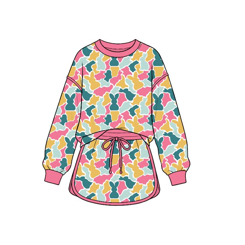 Moq 5 Preorder Baby Girls Kids Long Sleeves Shirt Rabbits Camo Skirt Shorts Easter Set