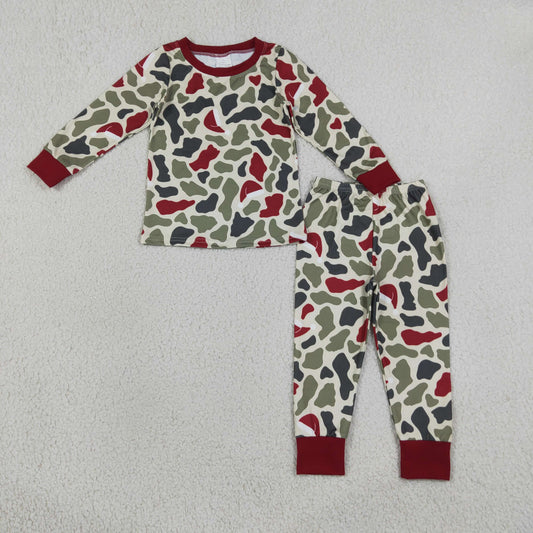 Baby Boys Kids Long Sleeves Green Red Camo Shirt Pants Set Pajamas Christmas Clothes