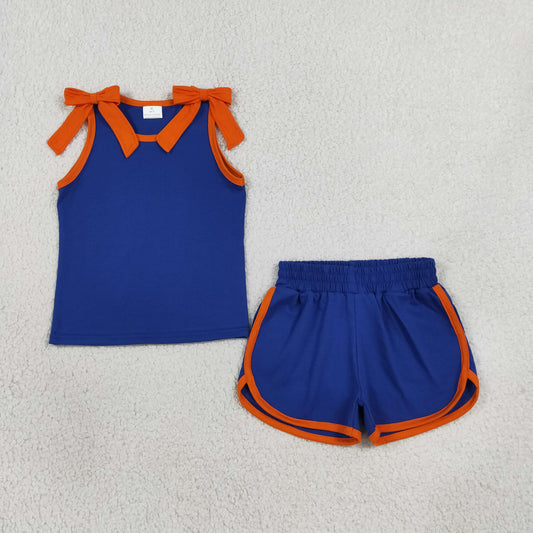 Baby Girls Kids Orange Trim Sleeveless Bows Shirt Shorts Blue Set Summer Clothes